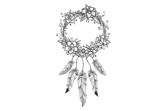 Floral Wreath with Bohemian Feathers Graphics for Crafts