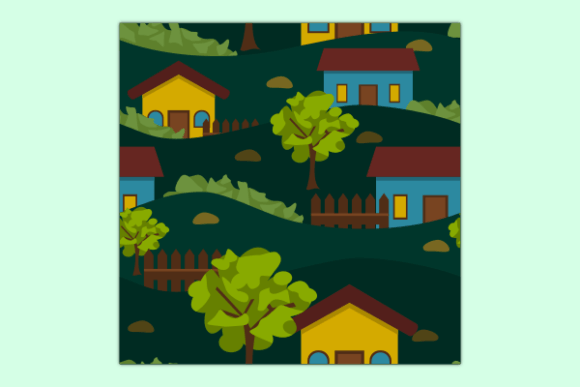 Village Houses and Trees Dark Seamless Pattern Graphics